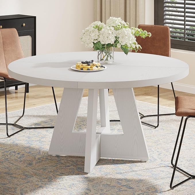 Tribesigns Round Dining Table for 4, 47 inch Farmhouse Circle Kitchen Table with Wooden Pedestal Base for Kitchen, Dining Room, Living Room (White)