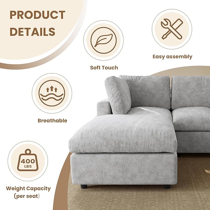 WJShome U Shaped Sectional Couch 134 Inch 4-Seater with 2 Ottoman Modern Modular Sofa,Chenille Deep Seat Couches for Living Room, Bedroom and Apartment，Gray