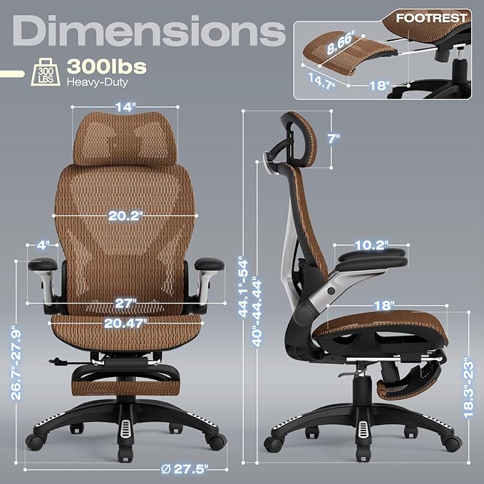 ELABEST X100 Ergonomic Office Chair with Footrest, Big and Tall Home Desk Chair with 5D Flip-Up Arms, Adjustable 3D Lumbar Support,High Back Rolling Computer Chair, Swivel Mesh Chairs