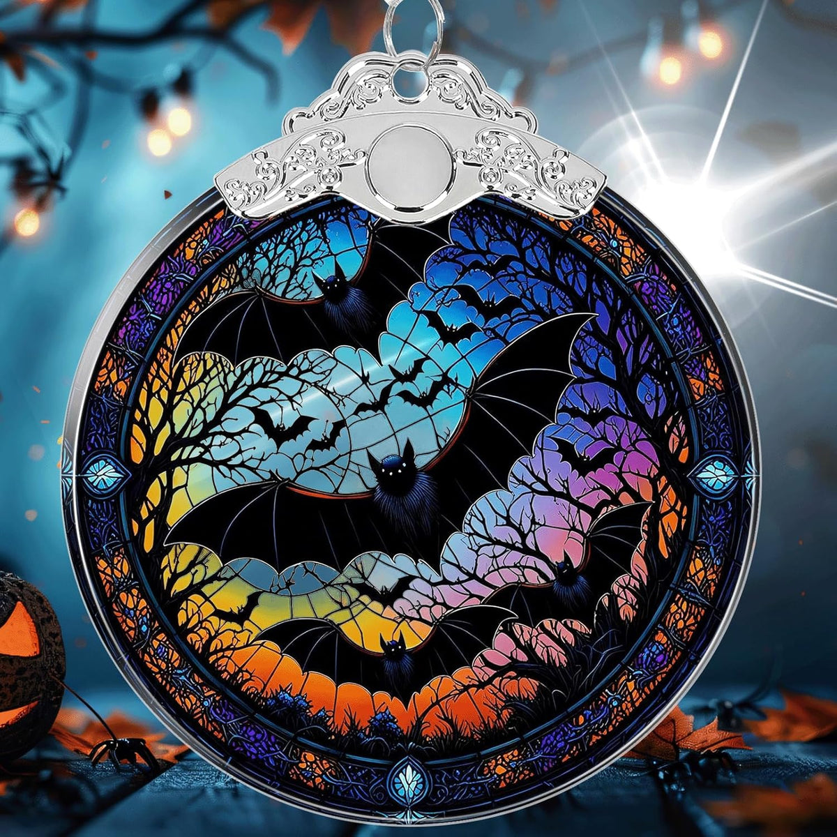 Bat Under Moonlight Halloween Christmas Tree Ornament Glass- Hanging Ornaments for Christmas Tree Decorations - Holiday Keepsake Present Exchange Idea