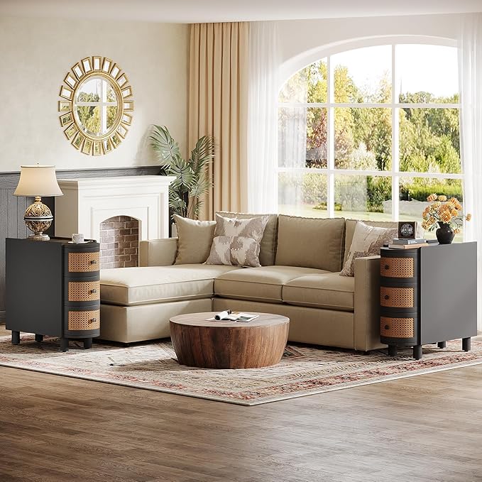 Tribesigns Solid Wood End Table Set of 2, 3-Drawer Rattan Side Table, Night Stand with 3 Rattan Drawers and Exquisite Embossed Handles for Living Room, No Assembly Required (Black & Oak)
