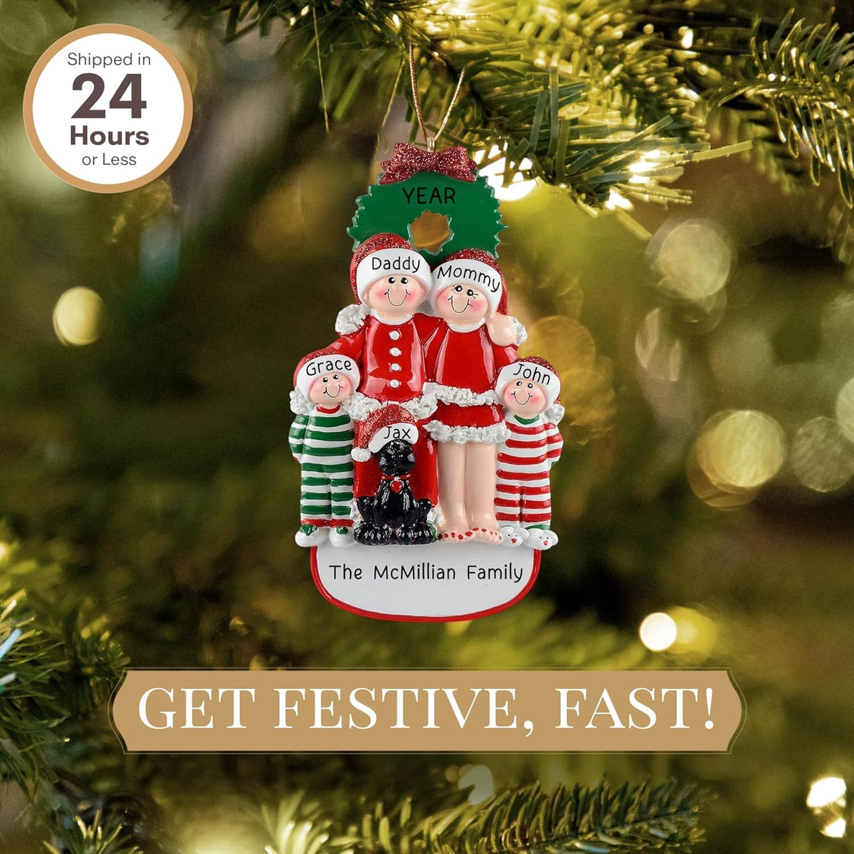 Personalized Family of 4 with Dog Ornament 2025 | Free 24h Customization | Christmas Ornaments for Tree | Custom Gift Wrapped Black Pet Keepsake for Dog-Lovers