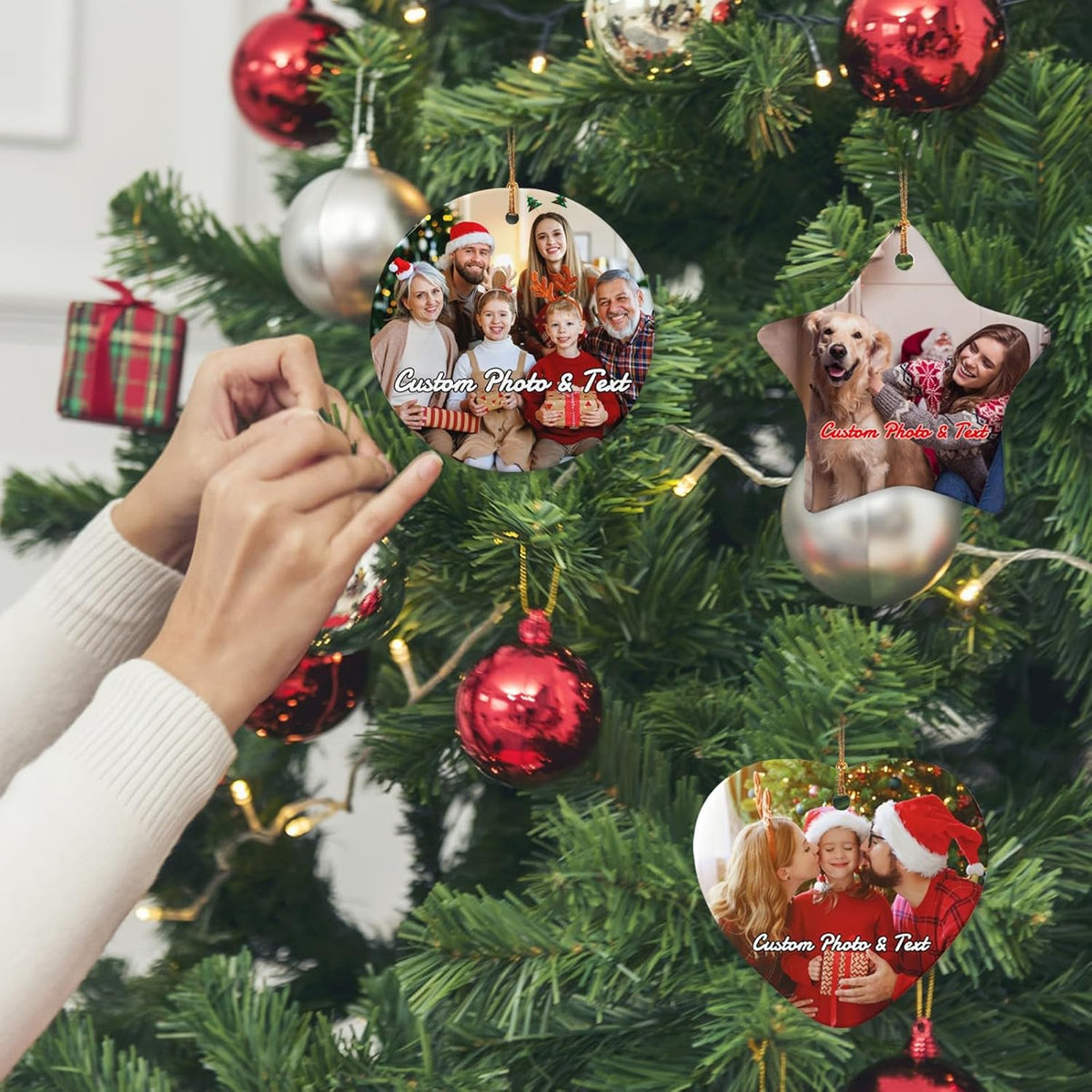 Personalized Christmas Ornaments with Photo 2025 Custom Picture Text Ornaments for Christmas,Double-Sided Ceramic Customized Xmas Tree Decor for Family Couples Dogs,Heart