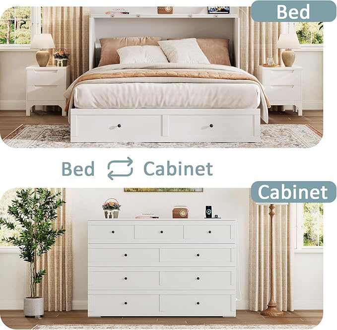 Queen Murphy Bed with Storage & Charging Station, Murphy Cabinet with Foldable Panel, Noisy Free, for Guest Bedroom, Living Room, Office, Distressed White