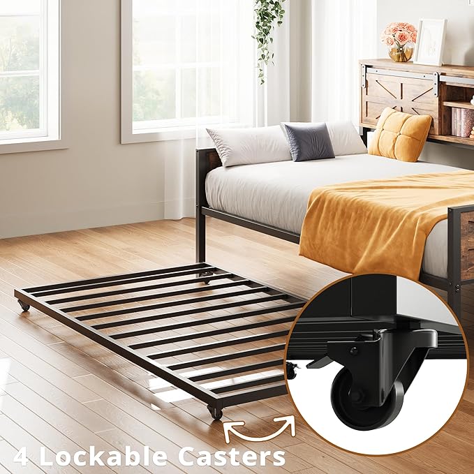 LIKIMIO Daybed with Trundle Bed, Sofa Bed Twin with Charging Station, with Storage Headboard & Strong Support, for Living Room, Bedroom and Guest Room, Industrial Brown