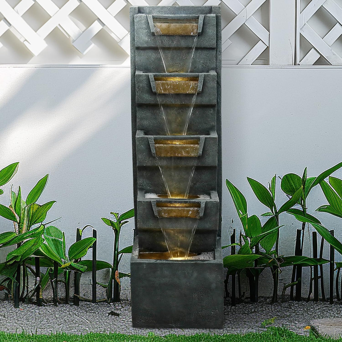 39.3" H Modern Water Fountain 5-Tier Outdoor Garden - Water Fountain w/LED Lights Cascading Waterfall Features for Home Garden Backyard Decor