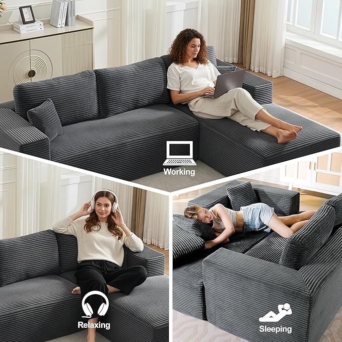 Cloud Modular Sectional Sofa Couch,L-Shape Modern Boneless Sectional Couch with Deep Seat,Upholstered Couches for Living Room Bedroom,No Assembly Required,Grey