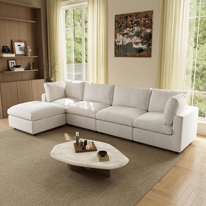WJShome L Shaped Sectional Couch 134 Inch 4-Seater Modern Modular Sofa with Ottoman,Chenille Deep Seat Couches for Living Room, Bedroom and Apartment，Beige
