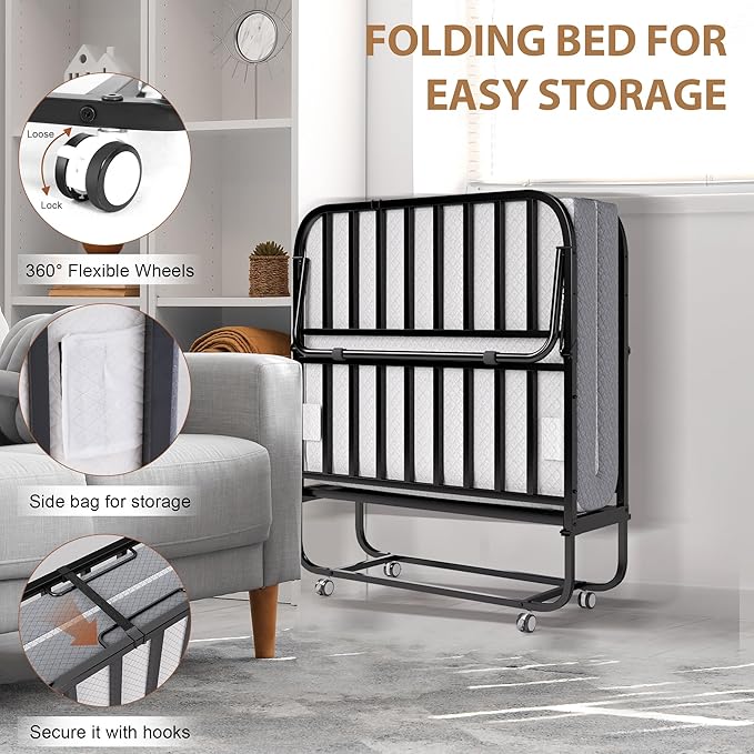 Folding Bed with Memory Foam Mattress, Portable Rollaway Guest Beds on Wheels, 75"x38" Twin Size Space-Saving Cot-Size Bed for Adults with Easy Assembly Metal Frame (White)