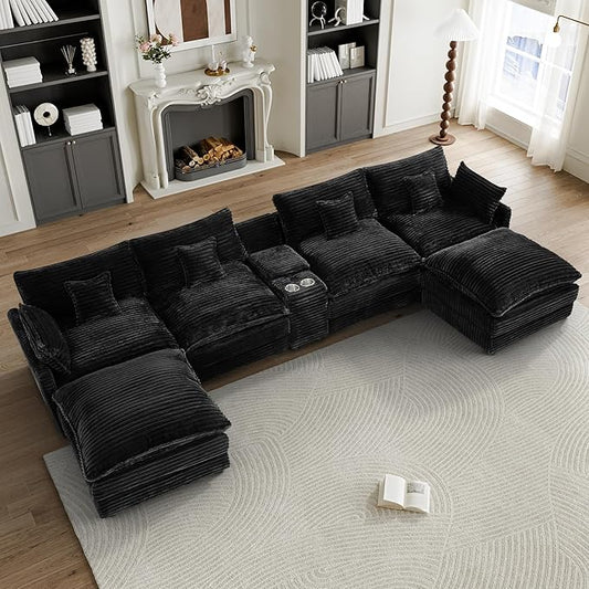HYJT-H&K 145" U Shaped Cloud Couch Modular Dark Black Sectional Couches for Living Room, Comfy Fluffy Corduroy Oversized Cloud Sectional Couch Large 6 Seat Sectionals Sofa Set Central Console USB Port