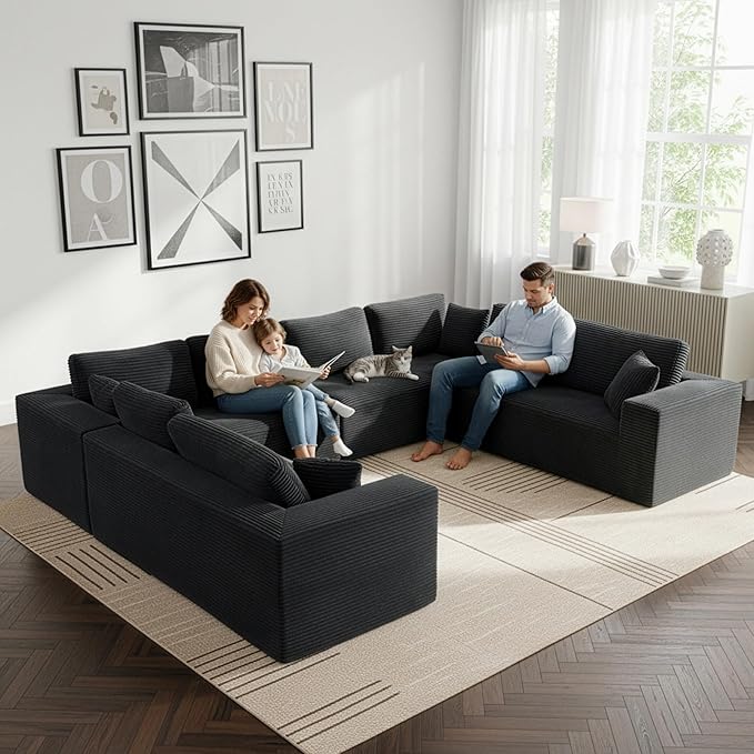 Modular Sectional Cloud Couch for Living Room,Modern Boneless Couche Set with Plush Corduroy,Comfy Floor Sofa with Memory Foam,Stupendous U Shaped Sofa,No Assembly Required,Black