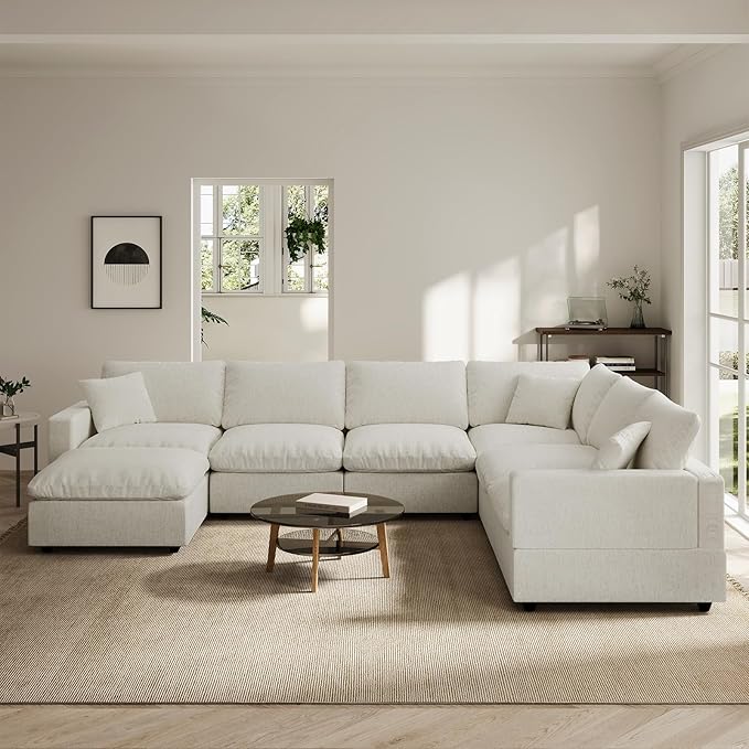 Modern Sectional Linen Couch for Living Room V-Shape Sofas,7 Seat Modular Cloud Sofas,Couches Cushion Covers Removable,Cozy Feather Down Sofa for Apartment Cream White