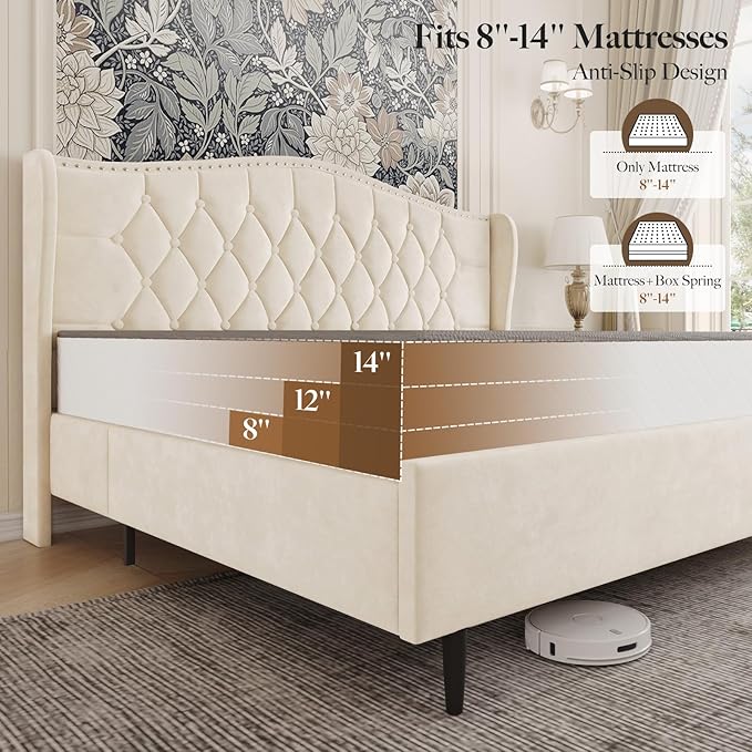 Belffin Full Size Bed Frame with Headboard, Upholstered Velvet Luxury Bed Frame with Wingback, Anti-Slide Tall Footboard, Button Tufted & Nailhead Trim, Noise-Free, No Box Spring Needed, Beige