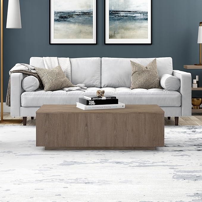 Henn&Hart 48" Fluted Rectangular Low-Profile Coffee Table for Living Room, Family Room, or Office, Antiqued Gray Oak