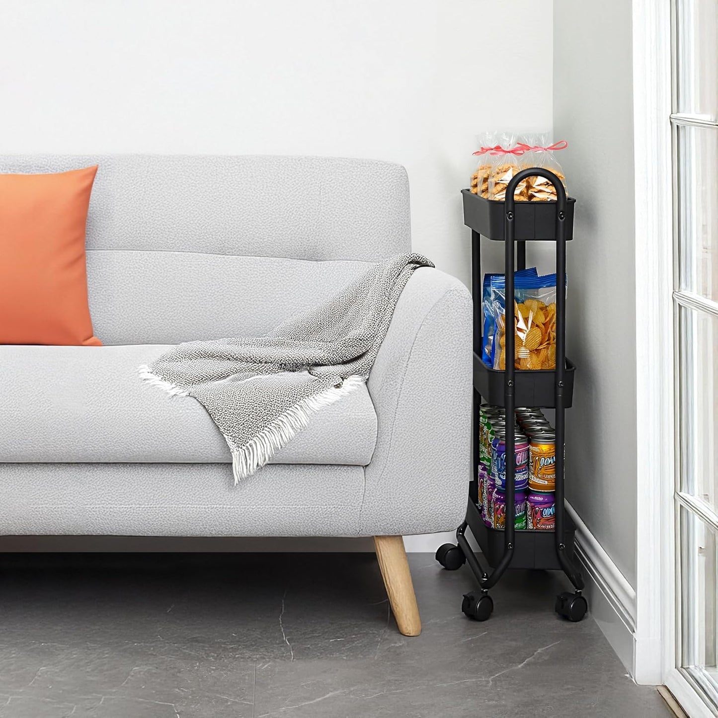 SunnyPoint Slim Rolling Storage Cart, 3 Tier Bathroom Storage Organizer Bathroom, Laundry Utility Cart (Black)