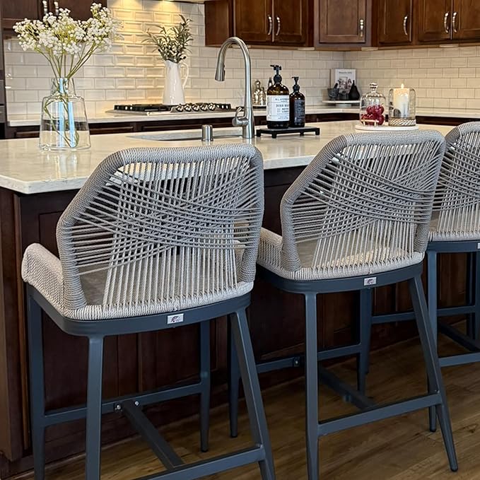 PURPLE LEAF 2 Pieces Counter Height Bar Stools Patio Boho Rattan Barstools Aluminum Woven Bar Chairs with Cushions for Outdoor Kitchen Island Garden