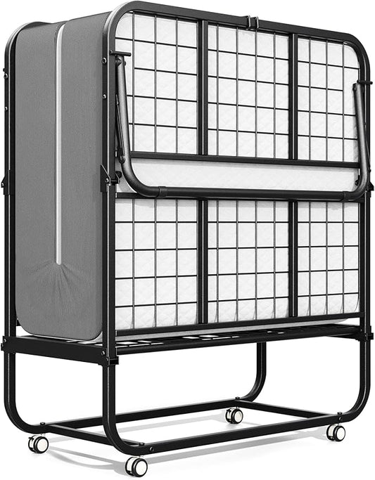 INTERGREAT Folding Bed, 75" x 31"Cot Size Portable Folding Beds for Adults, Metal Foldable Bed on Wheels for Guest, Space Saving Roll Away Beds for Easy Storage