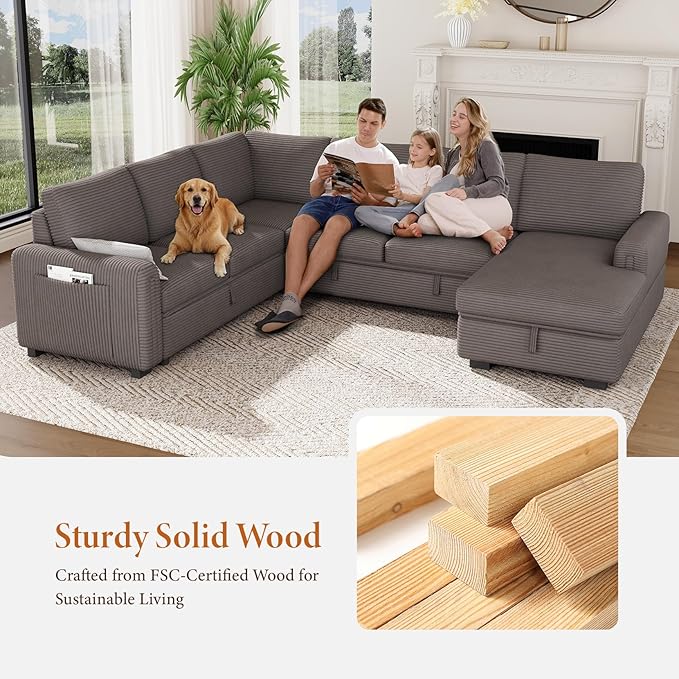 Vesgantti 113.6" Pull Out Sofa Bed with Chaise, 7 Seater U Shaped Sleeper Sofa with Storage Chaise, Corduroy Modular Sectional Couch for Living Room, Bedroom, Apartment, Light Coffee