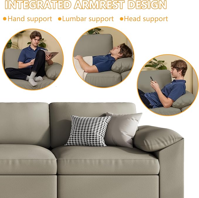 EASE MOOSE 3 Seater Deep Seat Sectional Sofa,Scratch Resistant Faux Leather Material, Oversized Modular Couch for Living Room,Modern Comfy Sofas for Small Spaces, Light Grey