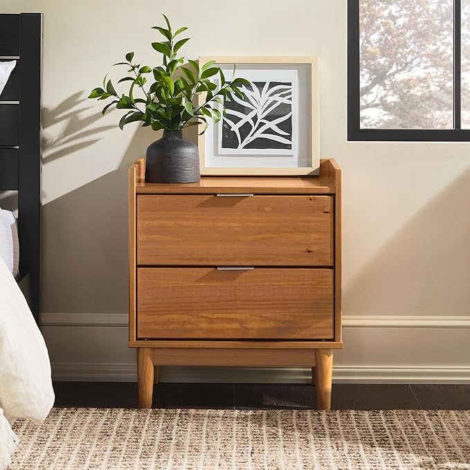 Walker Edison Blythe Mid-Century Modern Tray-Top 2-Drawer Nightstand, 20 Inch, Caramel