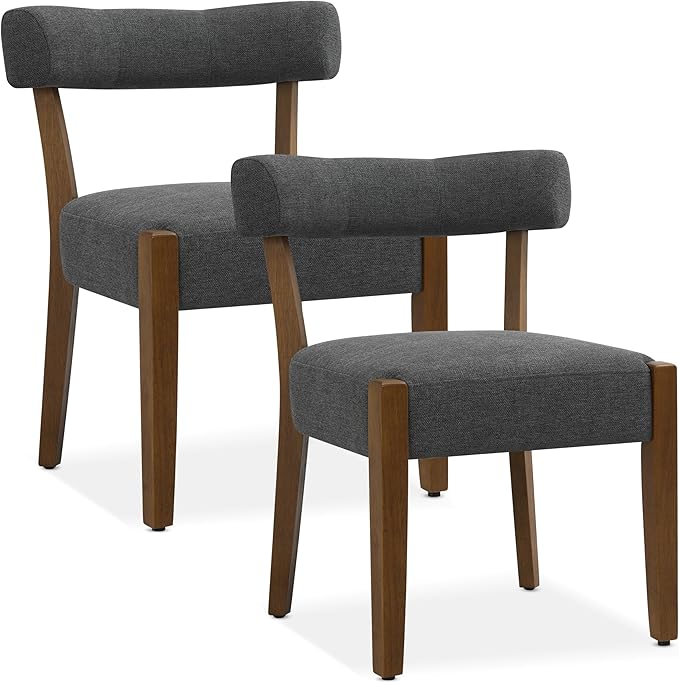 Modern Dining Chairs Set of 2, Walnut Upholstered Kitchen & Dining Room Chairs, Mid Century Wooden Dining Chairs Oversized Sturdy Fabric Rounded Chairs Curved Back, Dark Grey