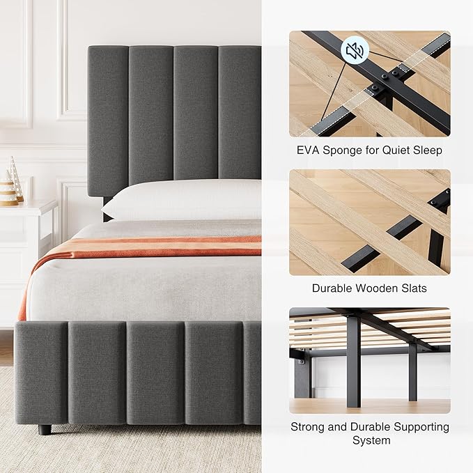 Garvee Full Size Bed Frame with 4 Storage Drawers, Adjustable Height Headboard, Linen Upholstered Platform Bed Frame, No Box Spring Needed, Easy Assembly, Grey