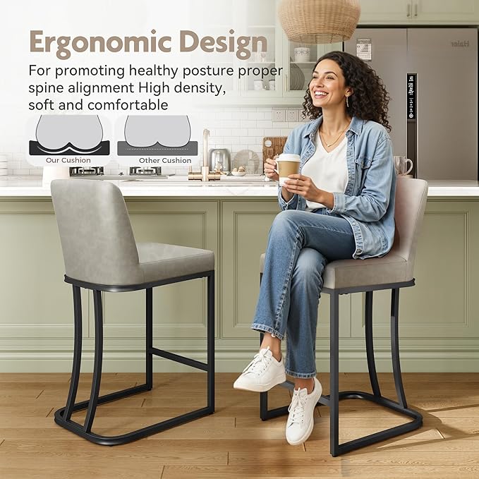 MAISON ARTS Counter Height Bar Stools with Back Set of 4 for Kitchen Counter, 24 Inch Modern Upholstered Faux Leather Barstools Farmhouse Bar Chairs Luxury Island Stools Support 330LBS, Light Grey