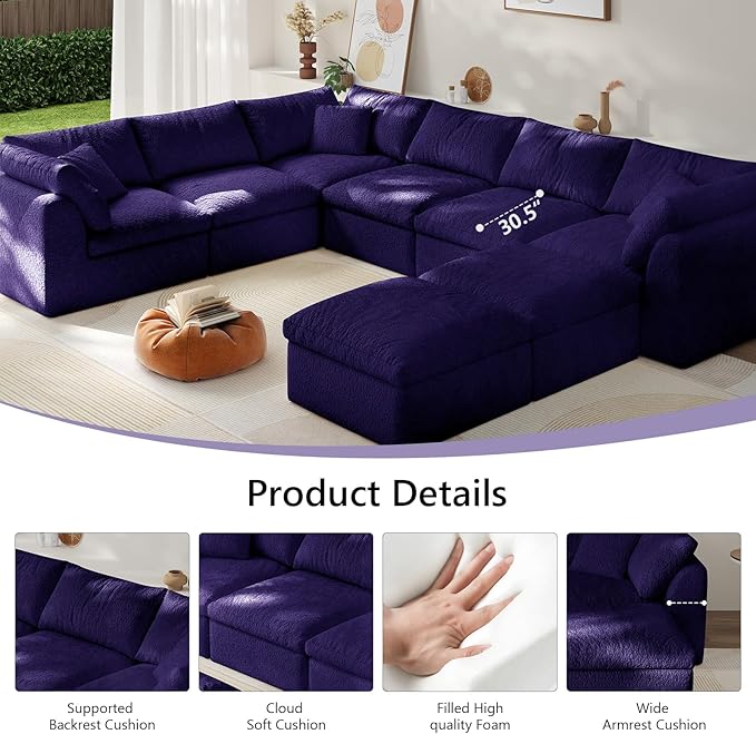Boneless Cloud Couch Modular Sectional Sofa with Deep Seat for Living Room, L Shape Couch with Ottoman, Snowflake Cloth and 40D Memory Sponge，2 Throw Pillows (Purple, 6 Seater+2 Ottoman)