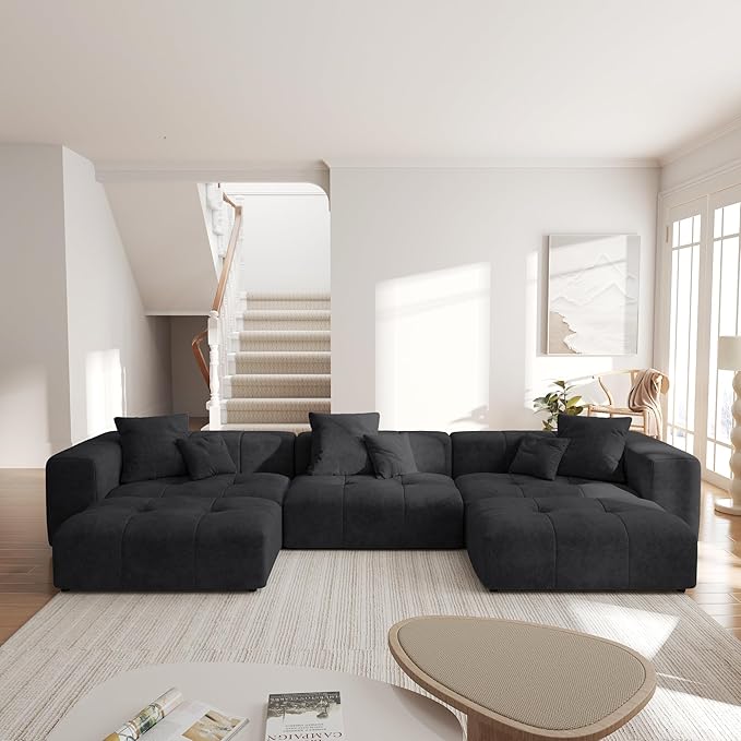 JACH 144.1 Inch U-Shaped Modular Sofa, Mid Century Modern Deep Seat Sectional Couch, 3-Seater Sofas with Chaise Ottomans for Living Room, Cozy Sofas for Apartment, Living Room (Linen Fabric, Black)
