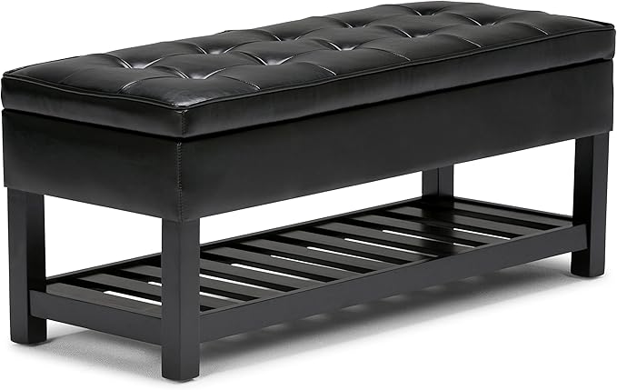 SIMPLIHOME Cosmopolitan Storage Ottoman Bench - 44 inch Wide Upholstered Vegan Leather Rectangle Storage Ottoman in Midnight Black, Transitional Bench for Bedroom with Tufted Lift-Top and Open Shelf