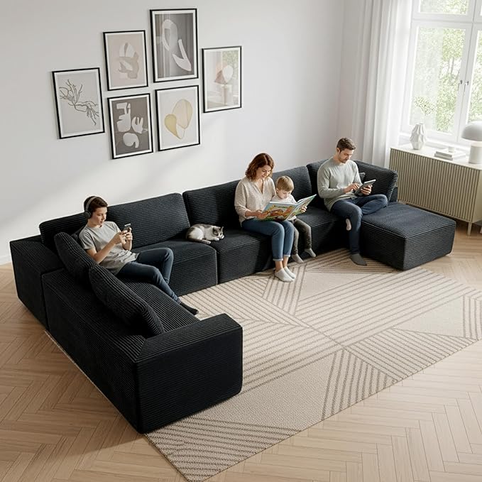 Modular Sectional Cloud Couch for Living Room,Modern Boneless Couche Set with Plush Corduroy,Comfy Floor Sofa with Memory Foam,Stupendous U Shaped Sofa with Chaise,No Assembly Required,Black