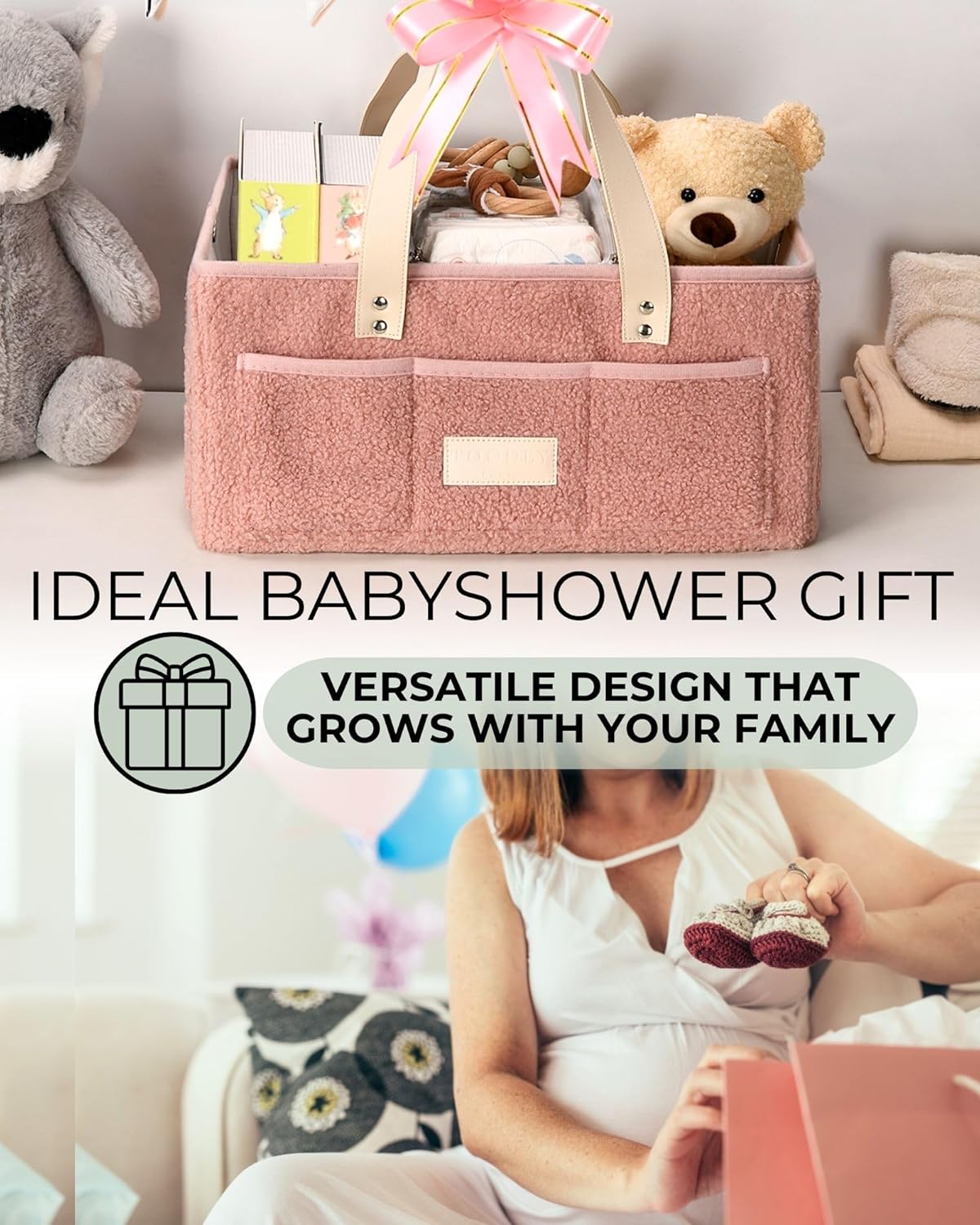 Baby Diaper Caddy Organizer with Portable Changing Mat - Teddy Fleece Diaper Organizer for Changing Table - Basket for Changing Essentials - Baby Essentials Organizer with Removable Dividers