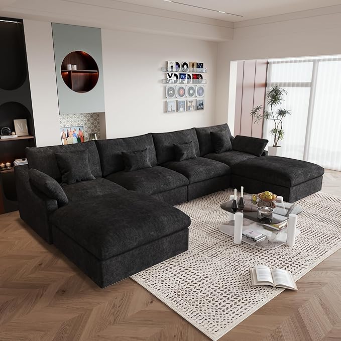 JACH U-Shaped Sectional Couches for Living Room, Cloud Sectional Couch with Deep Seat, 155.9" Modular Sofa with Chaise, Covers Removeable & Washable, Sofas Furniture for Living Room, Black