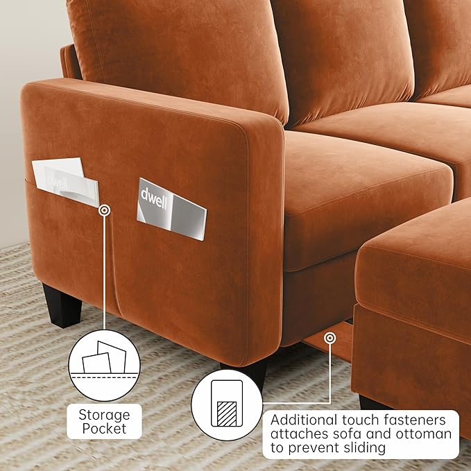 Sectional Sofa and Couches for Living Room, 78'' Orange 3 Seat L-Shaped Couch with Movable Ottoman, Comfy Velvet Convertible Sectionals Sofas with Chaise for Apartment, Office, Small Space