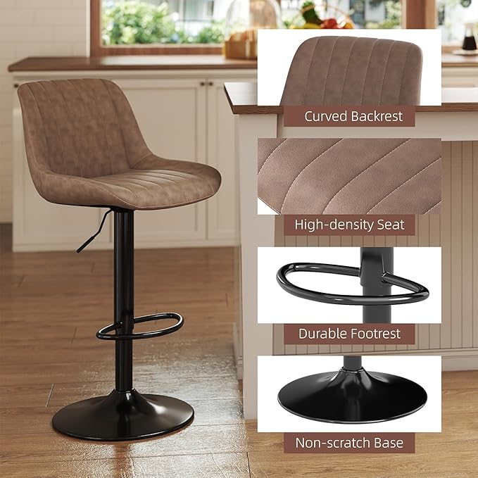 Youhauchair Bar Stools Set of 3, Swivel Counter Height Barstools with Back, Adjustable PU Leather Bar Chairs, Modern Armless Kitchen Island Stool, Light Brown