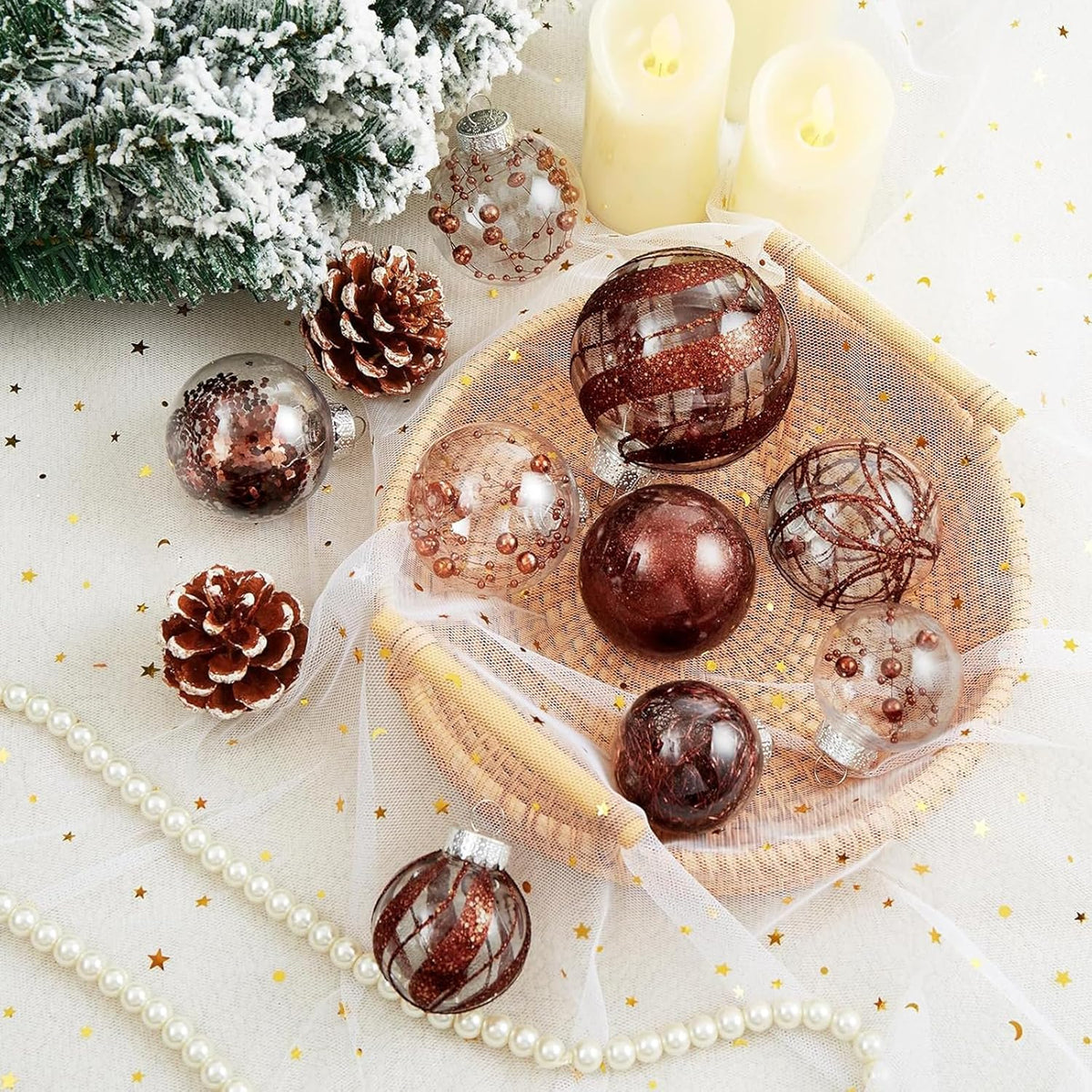 Clear Christmas Ball Ornaments,24ct Shatterproof Plastic Decorative Christmas Ornaments Hanging Xmas Tree Baubles Set with Stuffed Delicate Glittering Decorations for Holiday Party Home Decor (Brown)