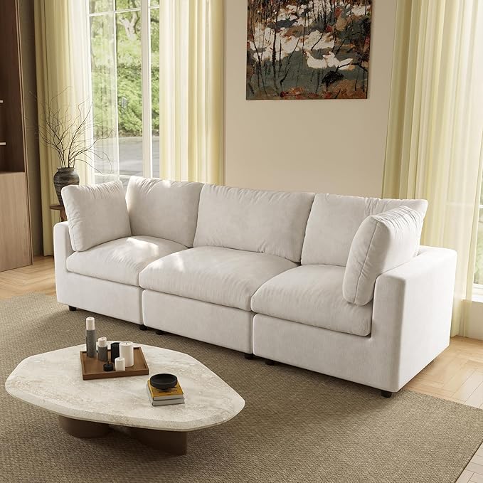 WJShome Modern Sectional Couches for Living Room,100 Inch 3-Seater Chenille Deep Seat Modular Sofa, Cloud Couch for Bedroom and Apartment，Beige