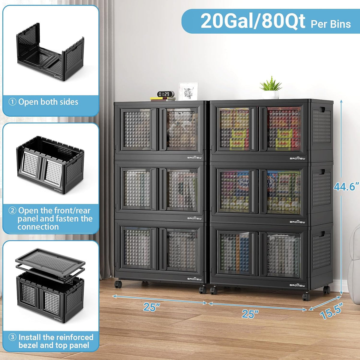 600Qt Stackable Storage Bins with Lids, 150Gal Closet Organizers and Storage Drawer, Plastic Collapsible Storage Bins with Doors, Heavy Duty Store Box Cabinet for Home Kitchen, 6Pack Black