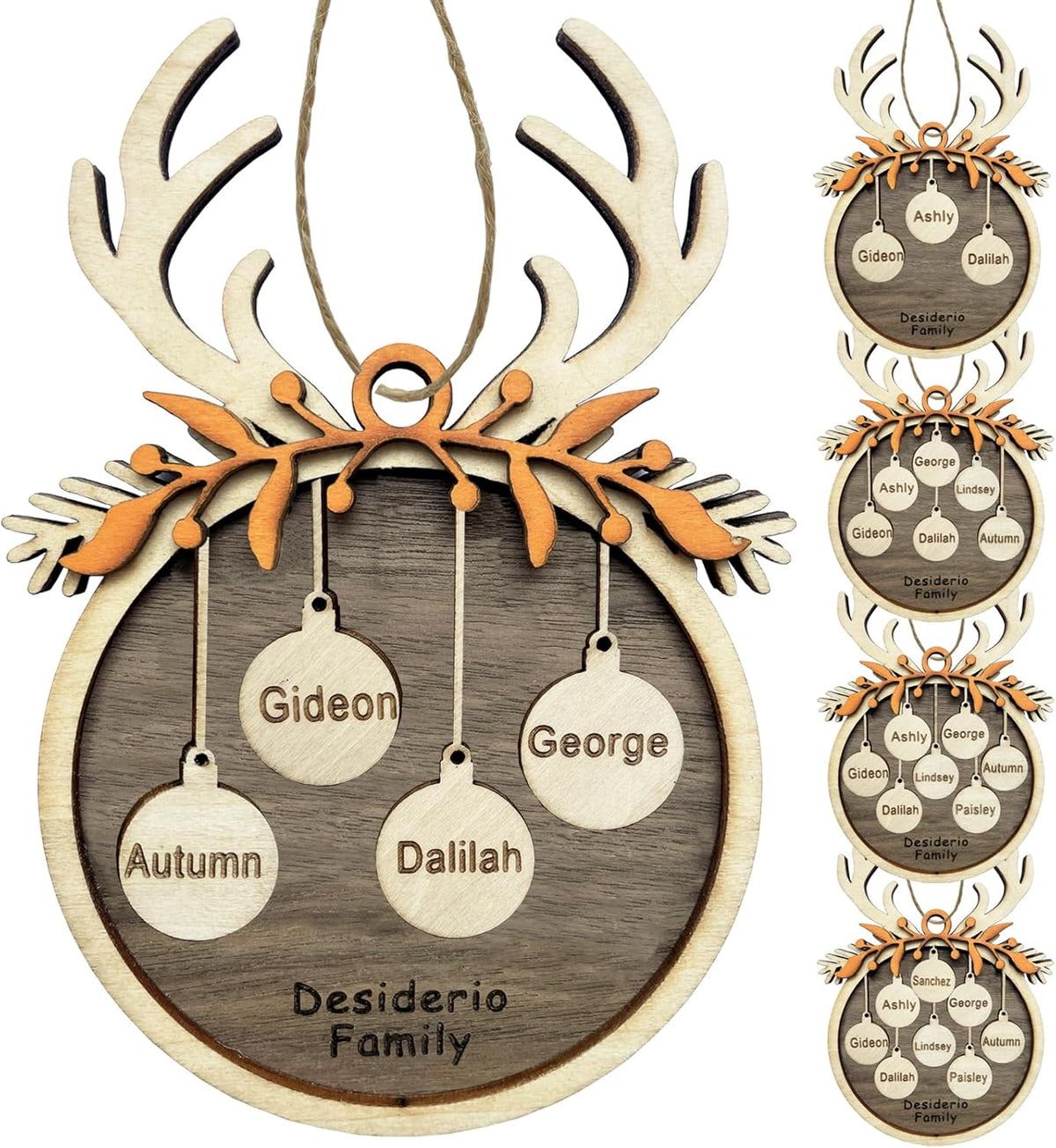 2025 Personalized Christmas Ornaments Family of 2/3/4/5/6/7/8,Custom Reindeer Christmas Wooden Ornaments Deorations with Names,Customized Xmas Ornament Tree Deorations,Personalized Xmas Gifts