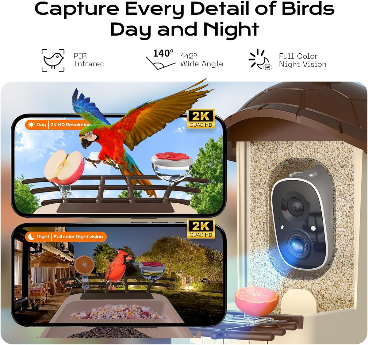 Bird Feeder with Camera, 2K HD Live Video, Smart Bird Cam Solar Powered with AI Birds Species Identification, Auto Capture Video, Instant Arrival Alerts, Best Gifts for Mom Dad