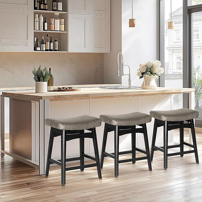 ALPHA HOME Bar Stools Set of 2, Solid Wood Saddle Kitchen Stools with Grey PU Leather Cushion Counter Height Barstools with Wooden Base for Kitchen Dining Cafe, 24 Inch, Grey, 2PCS