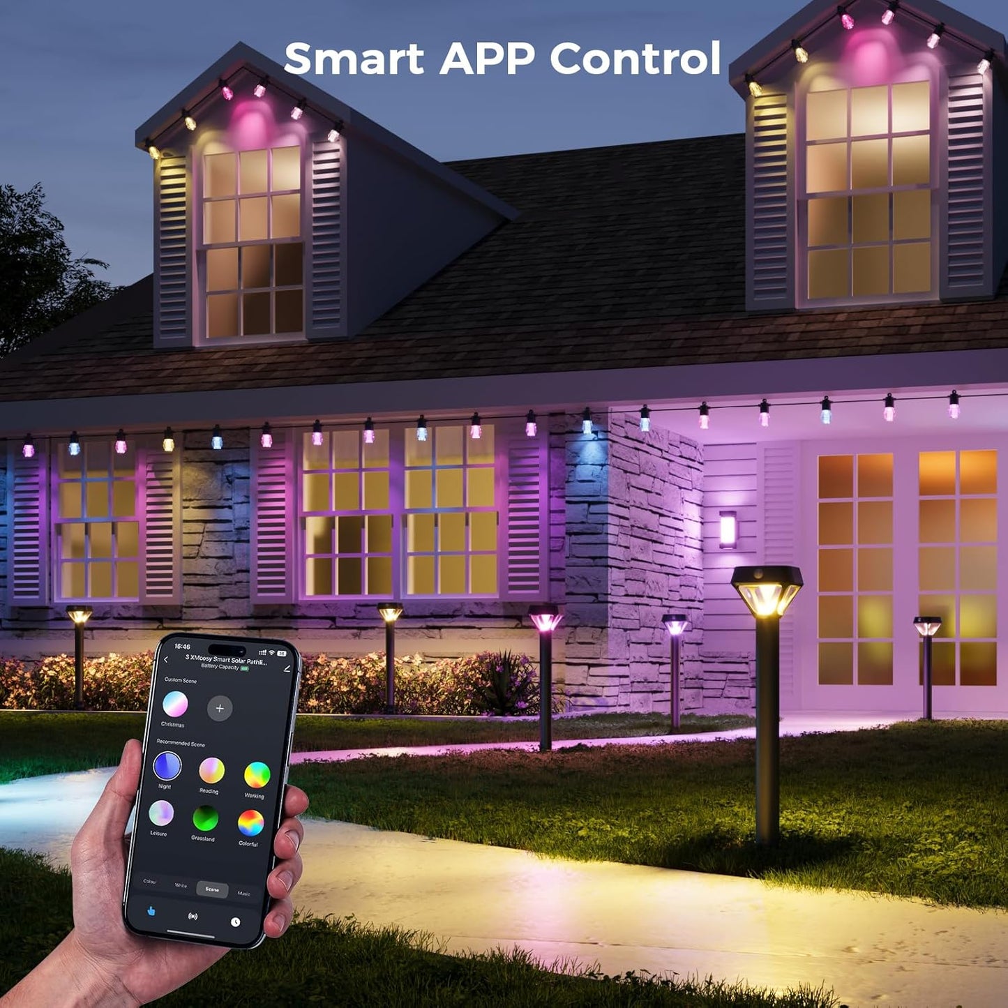 XMCOSY+ Smart Pathway Lights Solar Powered, 150LM Solar Motion Lights Outdoor Waterproof with APP Control, Works with Alexa RGBCW Color Changing Garden Light for Yard Walkway Driveway Pathway, 6 Pack