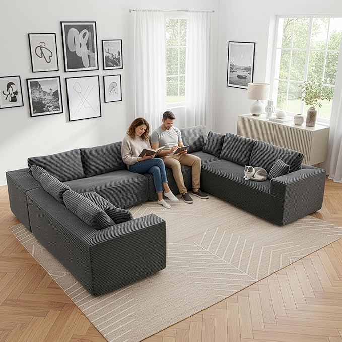 Modular Sectional Cloud Couch for Living Room,Modern Boneless Couche Set with Plush Corduroy,Comfy Floor Sofa with Memory Foam,Stupendous U Shaped Sofa,No Assembly Required,Grey