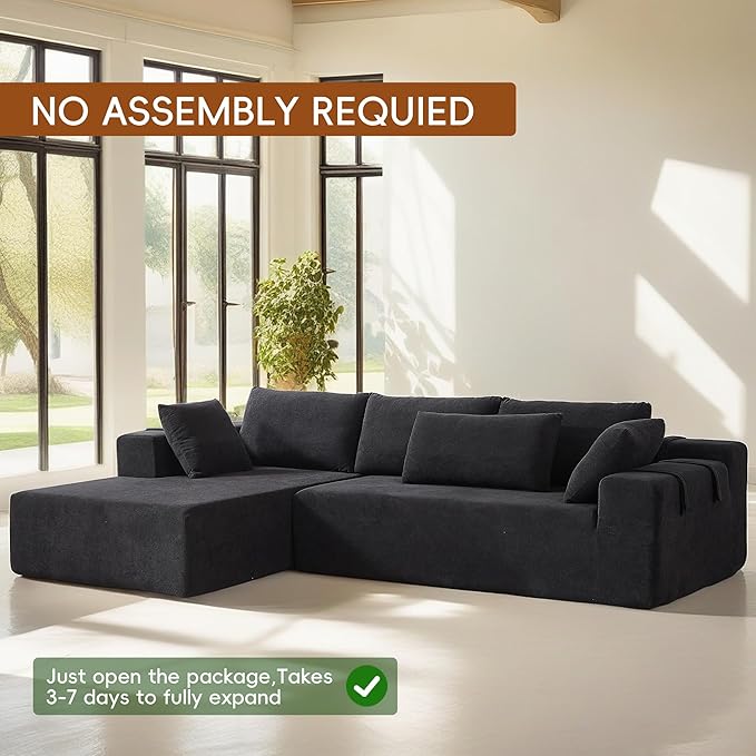 108" Modular Sectional Couch Sofa with L-Shape Chaise, Modern Cloud Comfy Sofa with Deep Seat, Upholstered Couches for Living Room Bedroom, No Assembly Required (Black Right Facing Chaise)