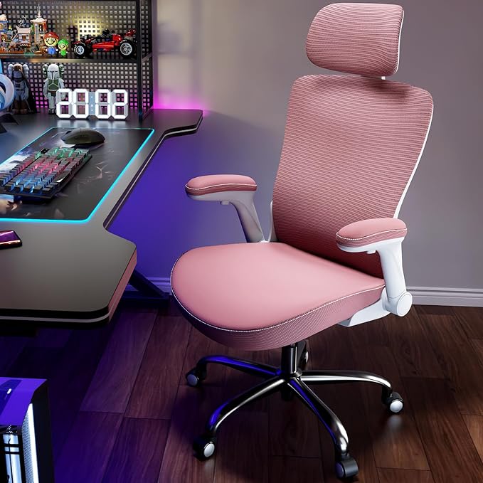 Office Home Ergonomic Desk Chair-Computer X-Shaped Chair Mesh PU Leather with Adjustable Lumbar Support-Executive Chair High Back with Headrest Flip-Up Arms for Long Hours (Dark Pink)