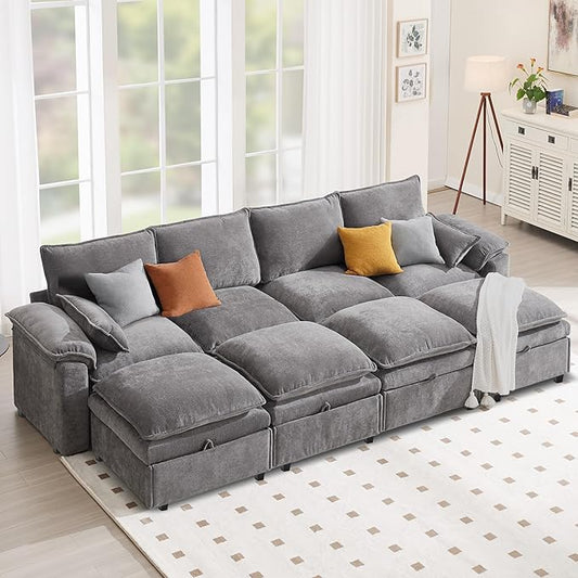 130" U Shaped Modular Sectional Sofa, Couch with Ottoman Storage, Chenille Cloud Couch with Plush Deep Seating for Living Room, Bedroom (8 Seat, Light Grey)