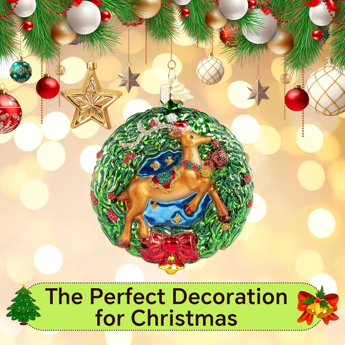 Reindeer Christmas Tree Ornaments,Blown Glass Christmas Ornaments, Wreath Collection Hanging Ornaments,Glass Home Decorations for Animal Lovers Holiday Party Daily Gifts