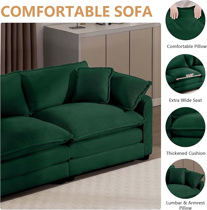 mikibama Luxury 3 Piece Sofa Set, 3-Seater & 2 Single Sofa Set, Modern Corduroy Comfy Cloud Couches Set for Living Room Office with 2 Armrest Pillows and 5 Toss Pillows, Green
