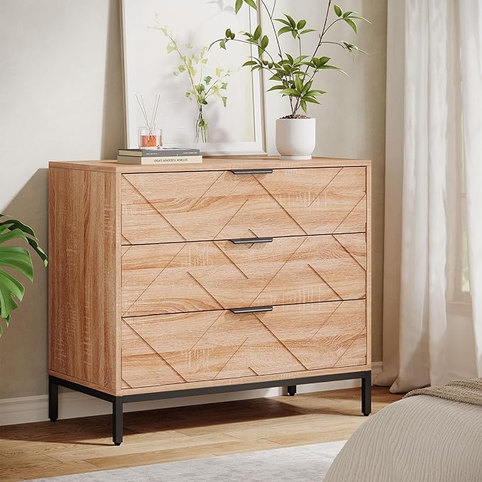 Tribesigns Wooden Nightstand with 3 Drawers, 31" Wide Night Stand with Metal Legs, Modern Large Bedside End Table for Bedroom, Living Room