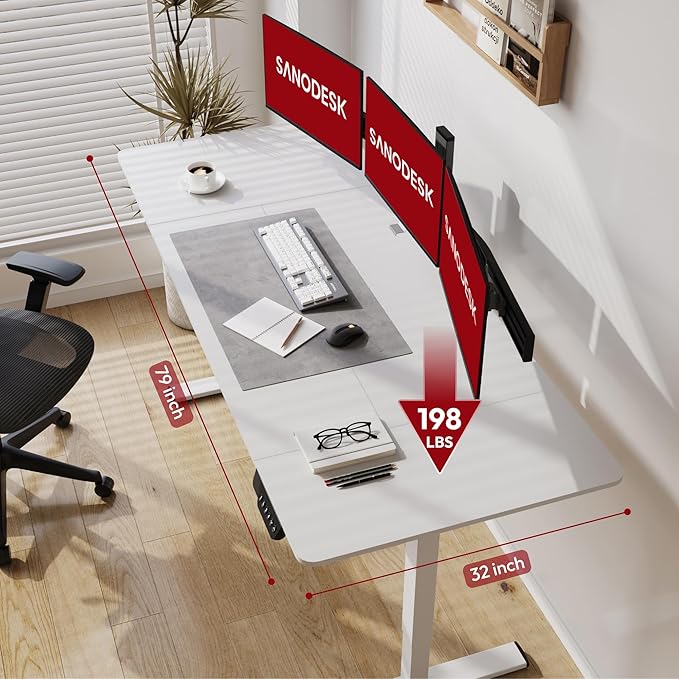 SANODESK Electric Standing Desk 79x32 Inch Height Adjustable Stand Up Desk Home Office Computer Workstation Sit Stand Home Office Desk with Splice Board (White Frame + White Top)